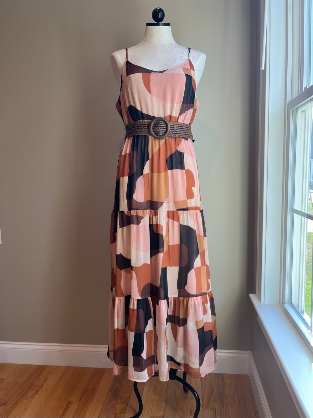 Anne Klein Spaghetti-Strap Abstract Maxi Dress in Pink, Brown and Black